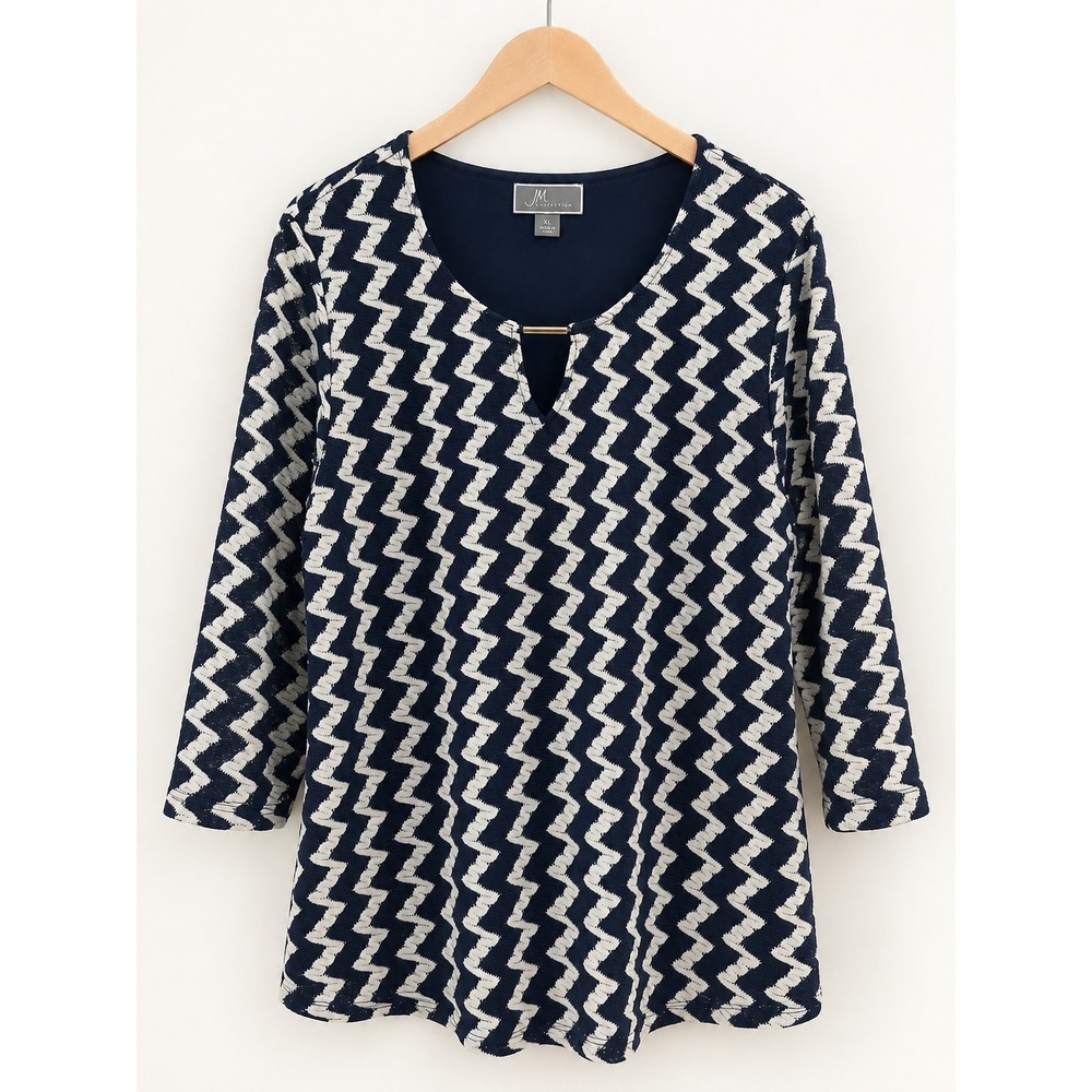 JM Collection Womens XL Navy Blue White Chevron Keyhole 3/4 Sleeve Tunic Top